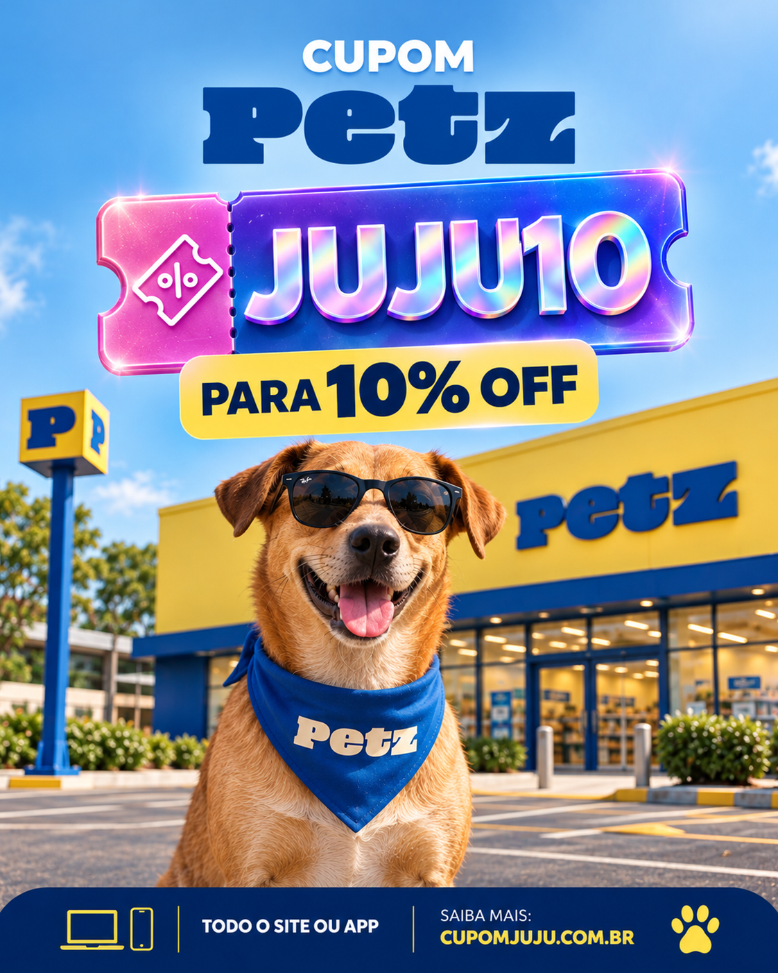Cupom Petz JUJU10 com cachorro de óculos em frente à loja