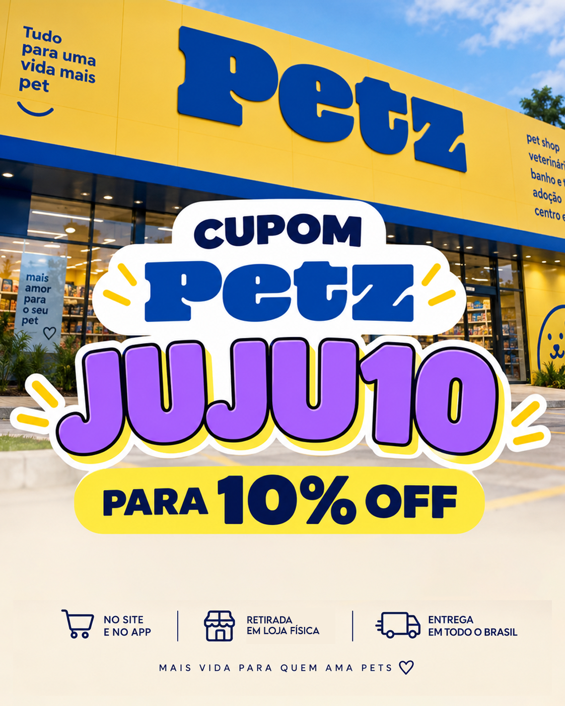 JUJU10 em letras roxas sobre a fachada Petz vista de lado
