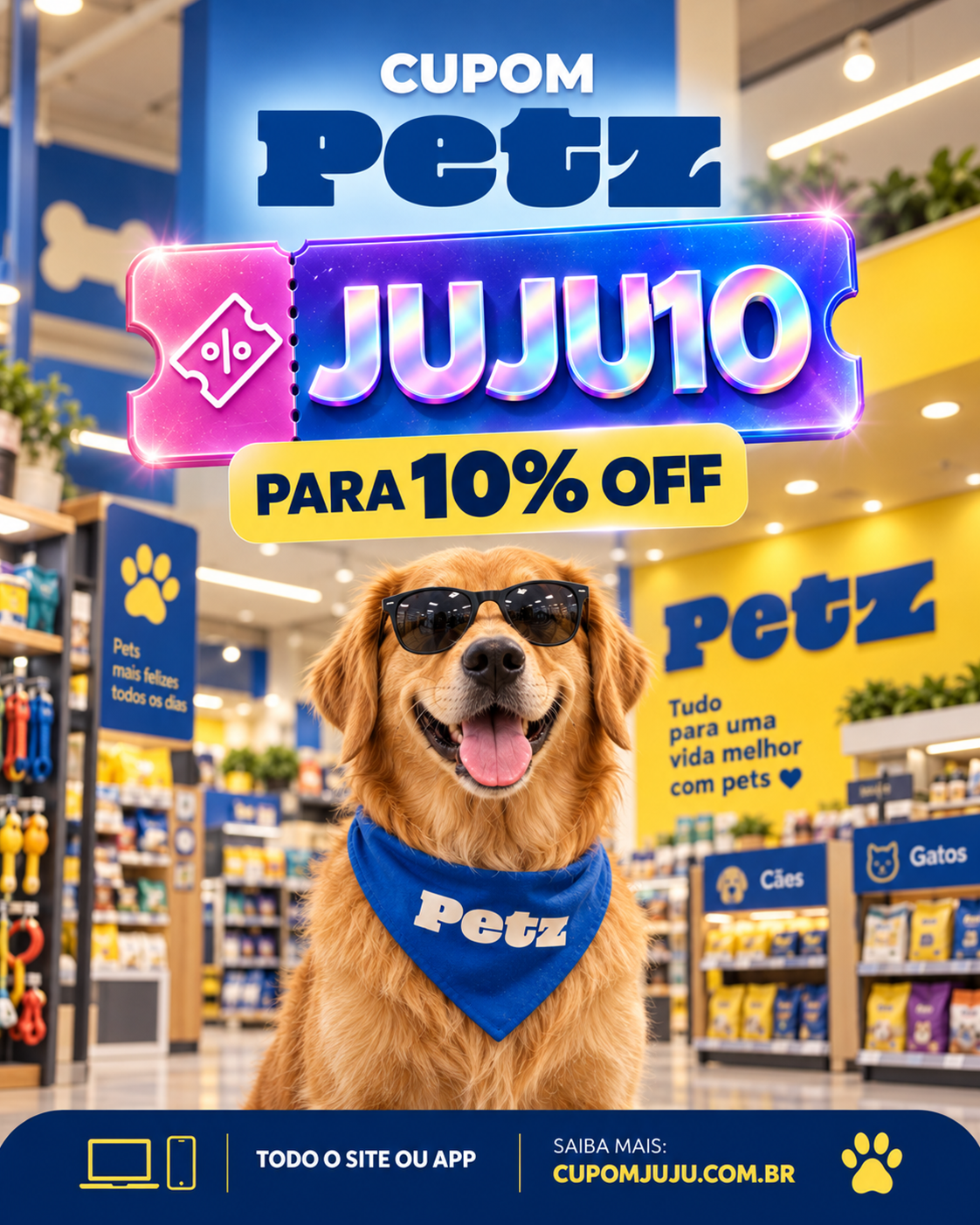 Cachorro de óculos dentro da Petz com cupom JUJU10
