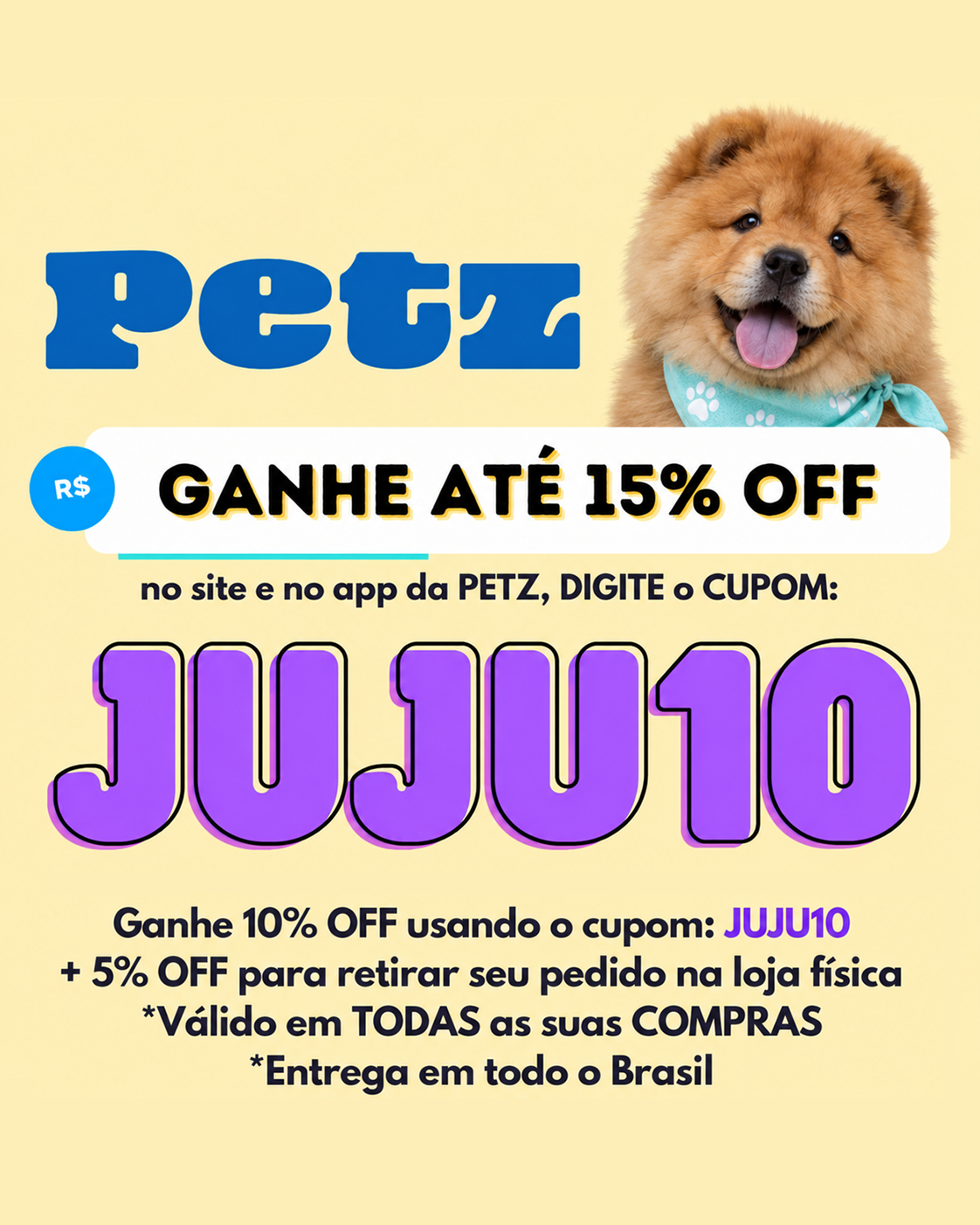 Arte amarela com cachorro e cupom JUJU10 para até 15% OFF
