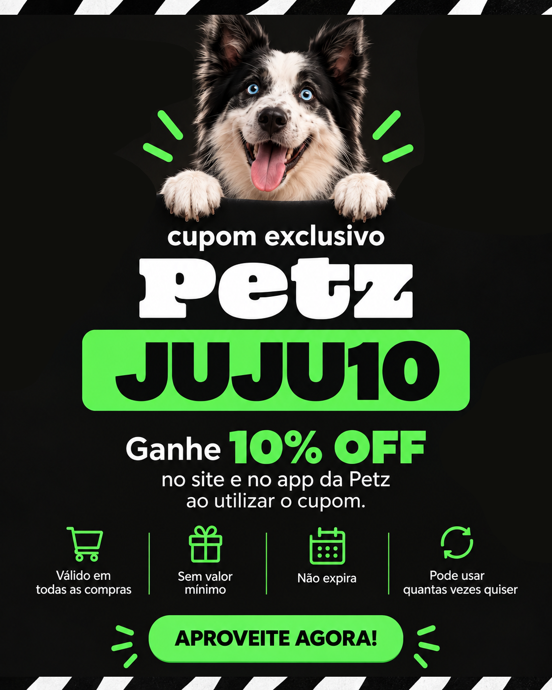 Cachorro sobre cupom JUJU10 verde em arte preta