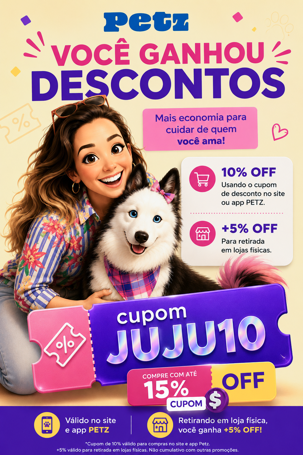 Cupom JUJU10 Petz — 10% OFF em produtos pet. Copie o código JUJU10 e use no checkout da loja Petz.